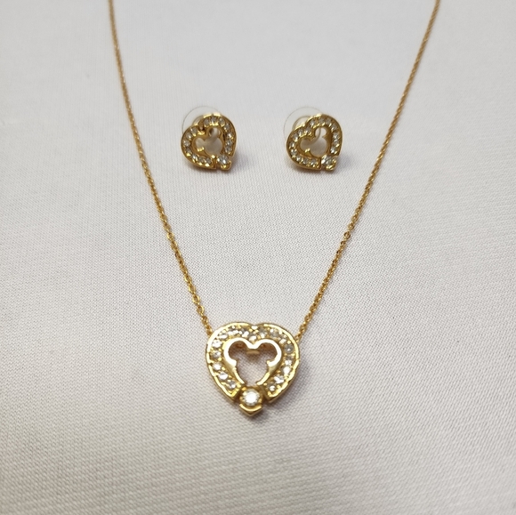 Disney Mickey Mouse Golden and White Crystal Heart Necklace and Earrings - Picture 5 of 16